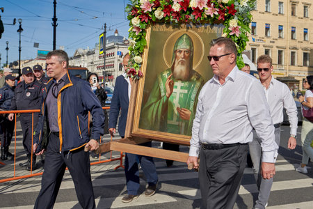 ST. PETERSBURG, RUSSIA - September 12, 2019: Preparation for a religious procession, holy icons and...