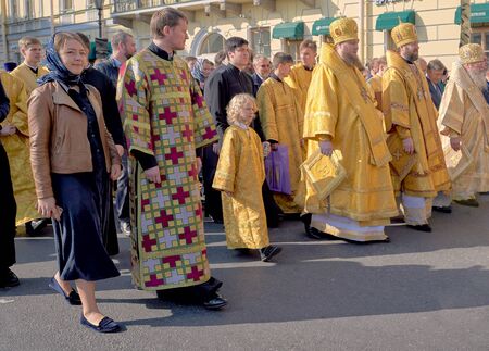 ST.PETERSBURG, RUSSIA - September 12, 2019: Priests in festive church clothes come out for a religious procession on Nevsky Prospekt in St. Petersburgのeditorial素材