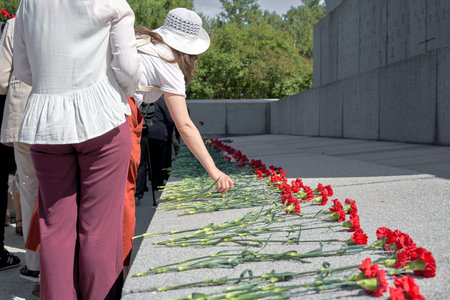 People put red carnations on the grave in a military cemetery. The memory of those killed in the war