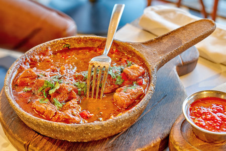 Leftover meat dishes and gravy in a pan on a wooden stand, dirty fork in sauce, close-up