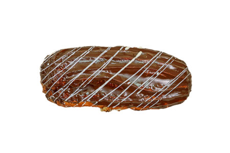 Eclair with chocolate icing. Fresh pastries. Closeup on a light background. Delicious and healthy...