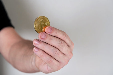 Hand holds coin with bitcoin symbol image