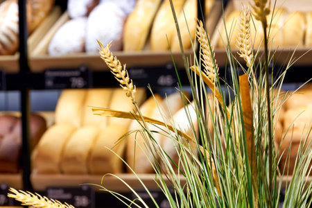 Spikelets of ripe wheat on blurred background of shelves with bread in bakeryの写真素材