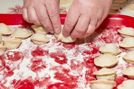 A hand is placing raw dumplings on a red floured tray. Cooking at homeの写真素材