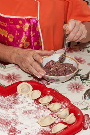 A hand with a spoon mixes minced meat for making dumplings. Vertical shotの写真素材
