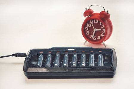 Long black charger filled with AA batteries, battery charging process