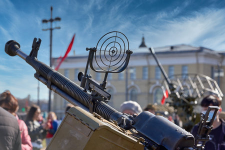 St. Petersburg, Russia - May 09, 2021: Anti-aircraft machine gun at the Victory Day holiday on the...