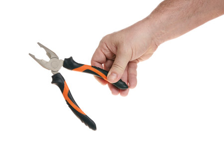 Hand holds pliers on a white background, a template for designers