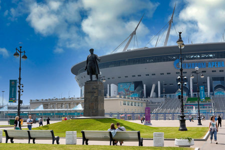 Saint Petersburg, Russia - June 12, 2021: People walk near Zenit Stadium during the Euro 2020 championship in St. Petersburgのeditorial素材