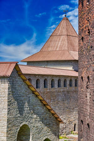 View of the old stone fortress with a watchtower. Fortress Oreshek on a sunny summer dayの写真素材