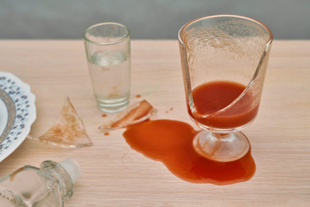 A broken glass, red tomato juice spilled on the table next to a bottle of vodka
