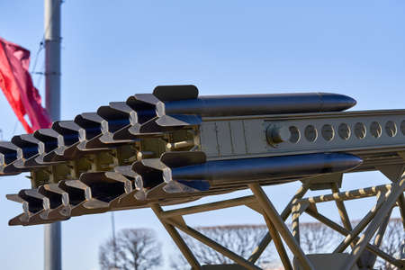 Fragment of the Katyusha rocket artelerik complex during the Second World War against the skyの写真素材