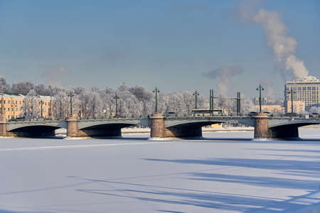 View of the Kamennoostrovsky bridge on Ushakovskaya embankmentの写真素材