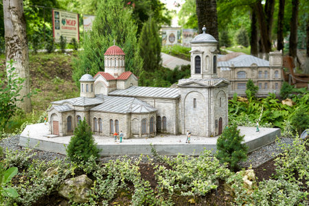 Bakhchisaray, Crimea, Russia - July 06, 2021: Bakhchisarai park of miniatures. Crimea in miniature on the palmのeditorial素材
