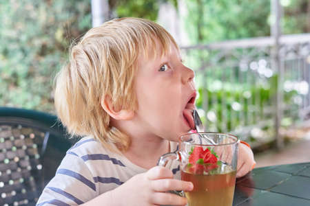 The child is drinking tea with honey on the summer veranda. Little boy licks a teaspoonの写真素材