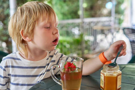 The child is drinking tea with honey on the summer veranda. Little boy eating honeyの写真素材