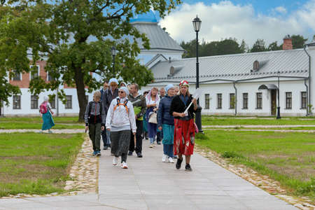 Saint Petersburg, Russia - July 12, 2021: A group of religious pilgrims visited the Konevets Monastery in Russiaのeditorial素材