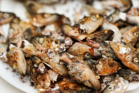 Fish heads and bones left after eating on a plate.の写真素材