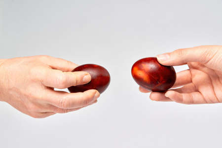 Two hands holding Easter eggs check their strength on a light backgroundの写真素材