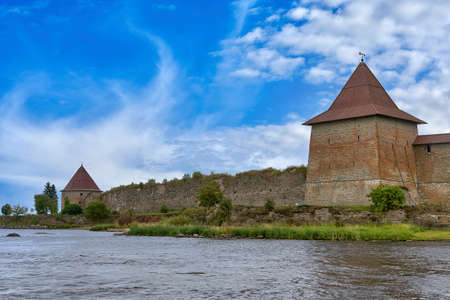 Natural landscape with a view of the old fortress by the lakeの写真素材