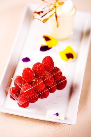 Small raspberry pyramid and caramel decorated vanilla shake.の写真素材