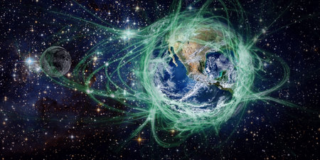 Space background with green light around the planet