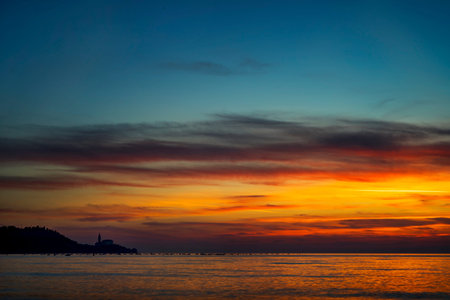 Sunset over Piran Sloveniaの写真素材
