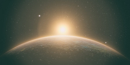 planet mercury with sunrise on the space background, 3d render.の写真素材