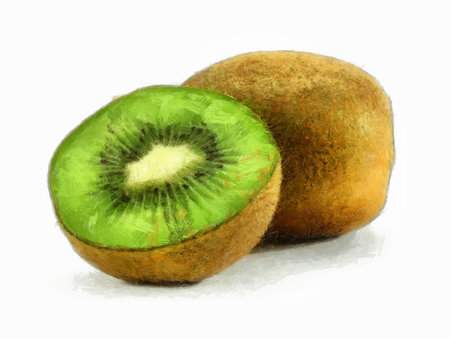 C.G.I. made Painting of a kiwi and half of another (a collection of fruit)の写真素材