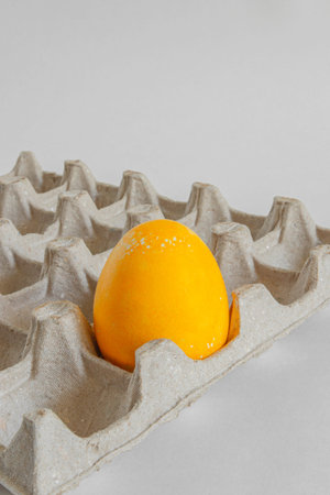 One yellow egg in a cardboard box. Feast of Bright Easter. High quality photo