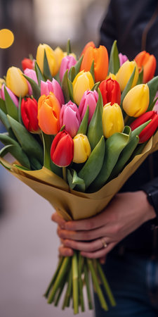 A bouquet of tulips in the hands of a man. A gift for Mothers Day, Valentines Day or Womens Day. Spring composition. . High quality photoの素材