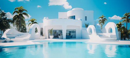 Large family villa in Miami, Bali or Cyprus. White family nest for a luxury vacation with a large pool outside. Large white house in the tropics with palm trees. Dream home. High quality photoの素材