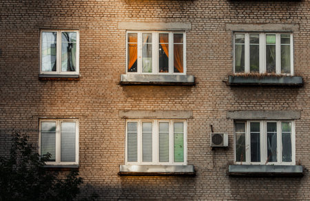 Old Khrushchev Moscow. Historic houses in the center of Russia. Facade of a residential building....