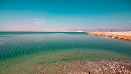 Panoramic view of the Dead Sea, a view of the mountain landscape in the Judean Desert in southern...