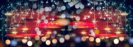 Star lens flares on garlands, modern christmas background