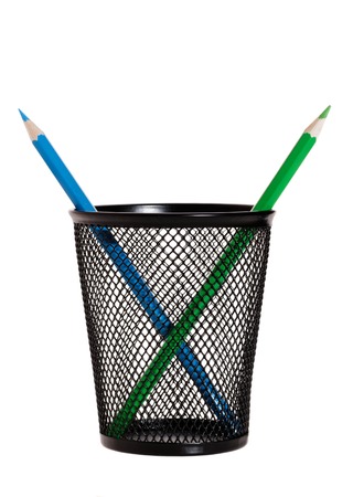 two pencils in a container. isolated on white backgroundの写真素材