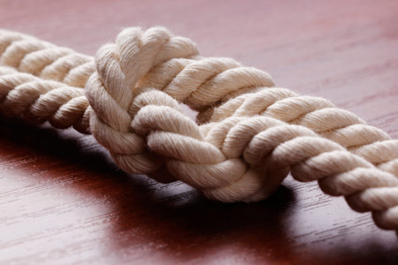 White rope knot on dark wooden table