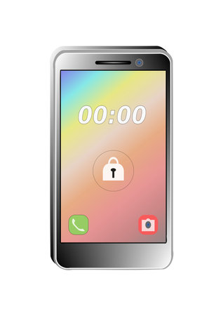 Realistic black smartphone illustration having a rainbow color display. Isolated mobile clip art on white background.のイラスト素材