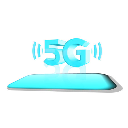 A 3D rendering of a Sky BLUE and Black SMARTPHONE  with 5G network HOLOGRAM, isolated in White...