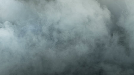 Photo of Realistic Clouds, Smoke, Dry Ice Smoke Texture on black dark Background. For website background, print wallpapers, logo, office or design element, posters and more.の写真素材