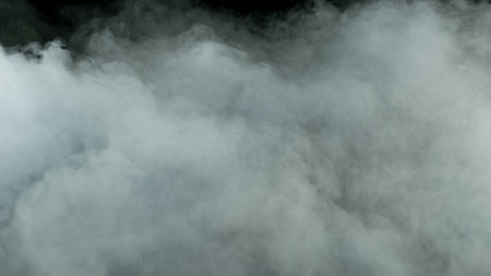 Photo of Realistic Clouds, Smoke, Dry Ice Smoke Texture on black dark Background. For website background, print wallpapers, logo, office or design element, posters and more.の写真素材