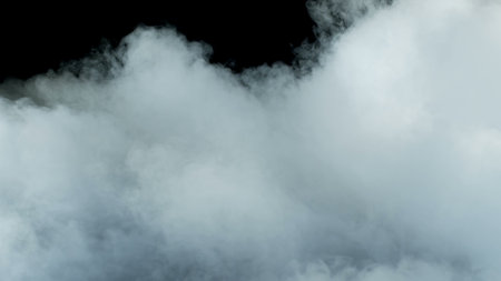 Photo of Realistic Clouds, Smoke, Dry Ice Smoke Texture on black dark Background. For website background, print wallpapers, office or design element, posters and more.の写真素材