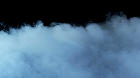 Photo of Realistic Clouds, Smoke, Dry Ice Smoke Texture on black dark Background. For website background, print wallpapers, office or design element, posters and more.の写真素材