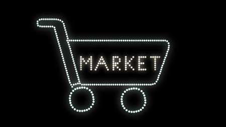 Text sign bulbs LED pixels, light flashing, blinking lights advertising banner. Light Text Logo. Digital Display.の写真素材