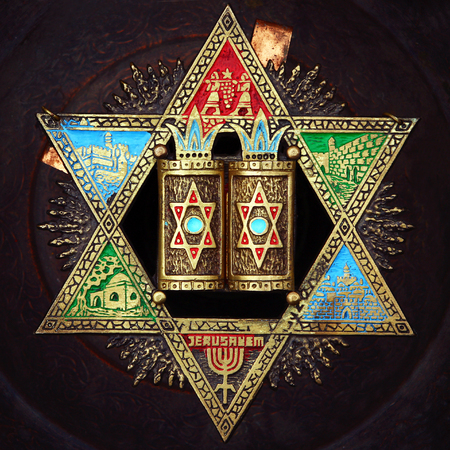 Antique decorative colorful star of David on an old metal dish background.Jerusalem fleamarket.の写真素材