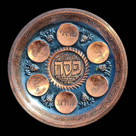 Antique decorative metallic traditional passover seder plate.  Isolated on black...