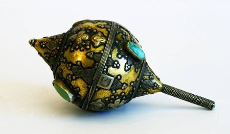Jewish traditional vintage dreidel for hanuka holiday. Silver, gilding, semi-precious stones, east...