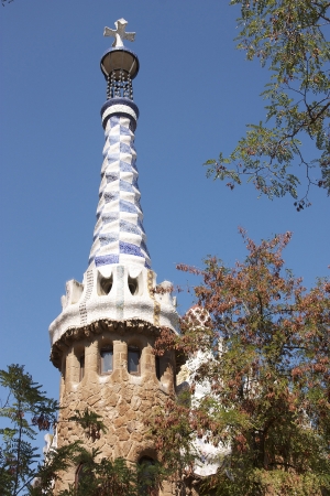Barcelona  A tower on office building at an input in park Guellの写真素材
