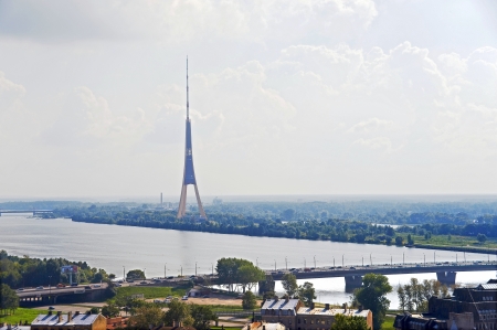 Latvia, Riga  View of the  river  and television tower のeditorial素材