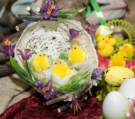 Easter. Easter composition with eggs and chickens.